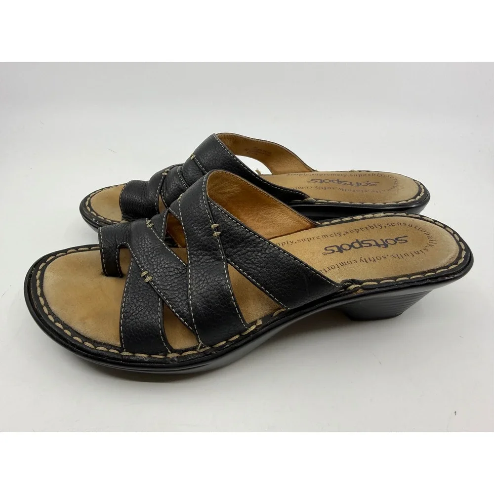 Softspots Womens Black Leather Strappy‎ Wedge Slide Sandals Toe Loop Size 6M